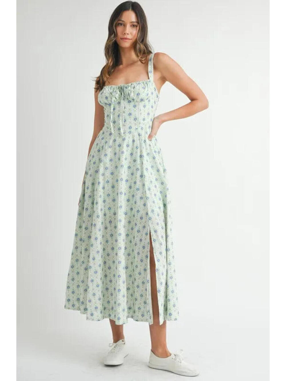 MABLE Floral Print Bustier Back Lace Up Midi Dress